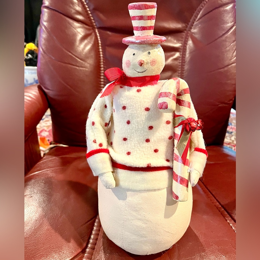 Vintage glittered folk art paper Mache Snowman with Red Accents